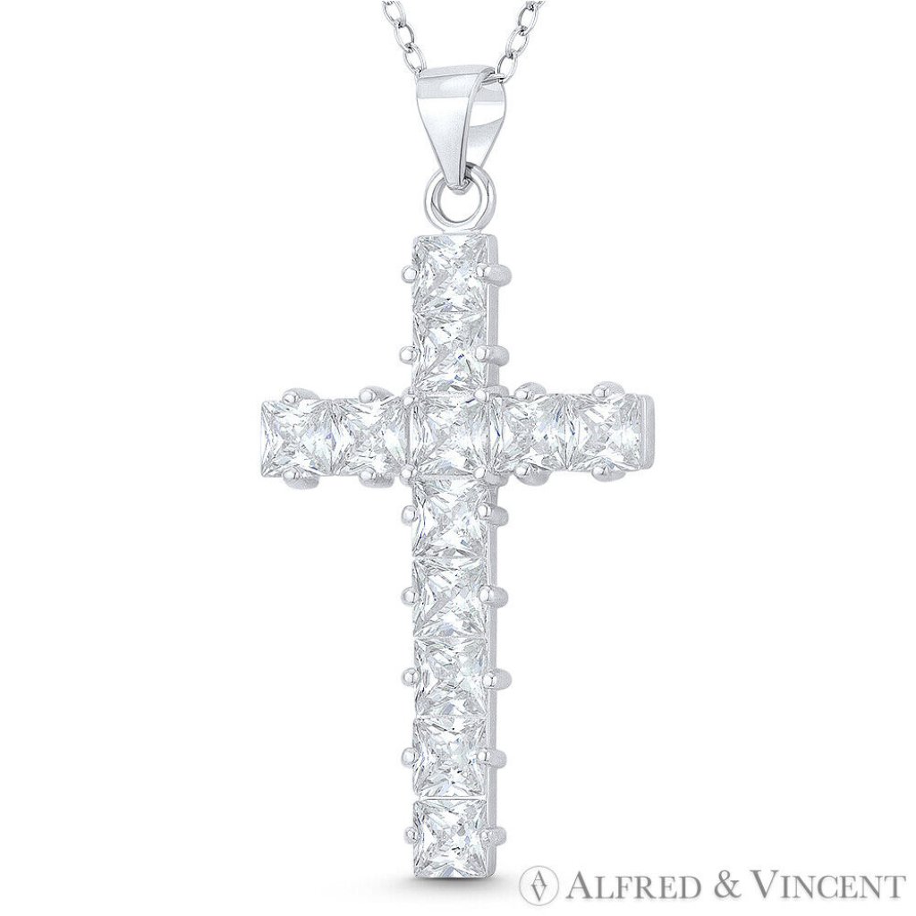 11-Stone Latin Crucifix Cross Cubic Zirconia 925 Sterling Silver Rhodium Pendant
